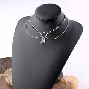 Silver Iridescent Double Chain Moon Choker Necklace